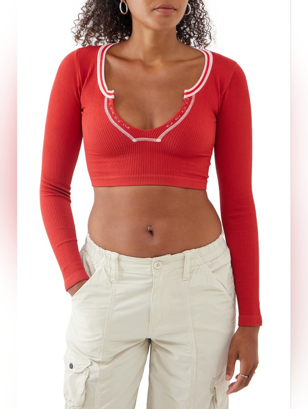 BDG Urban Outfitters - Red Ribbed Long-Sleeve Scoop Crop Top with Contrast Trim
